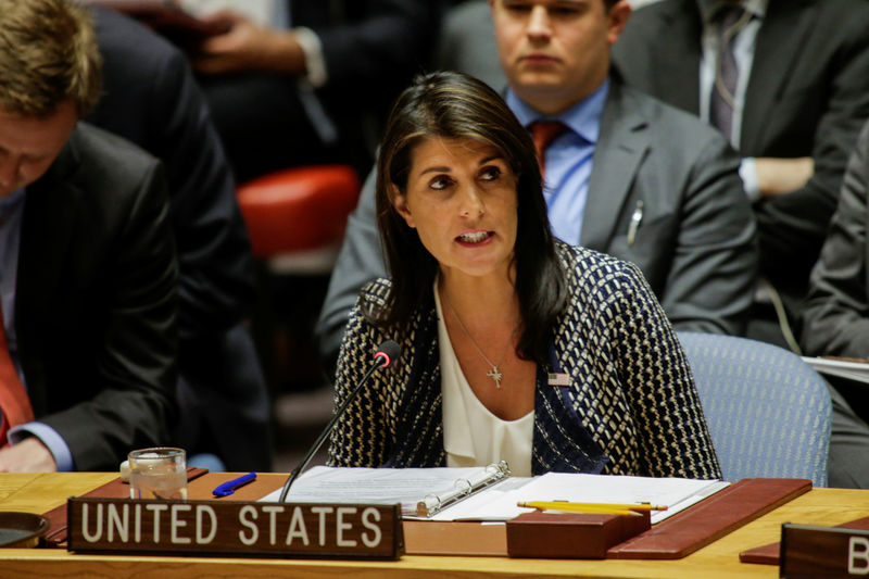 © Reuters. Embaixadora dos EUA na ONU, Nikki Haley, durante reunião do Conselho de Segurança