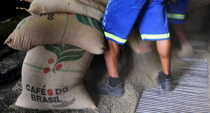 © Reuters. Trabalhadores descarregam sacas de 60kg de café no Porto de Santos, Brasil