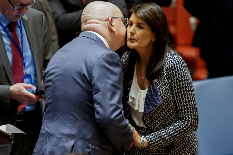 © Reuters. U.S. Ambassador to the U.N. Nikki Haley greets Russian Ambassador to the U.N. Vasily Nebenzya before the United Nations Security Council meeting on Syria at the U.N. headquarters in New York