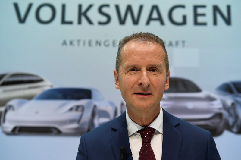 © Reuters. New VW CEO Diess poses after news conference at VW plant in Wolfsburg