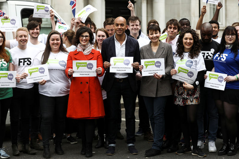 © Reuters. Labour Party MP Chuka Umunna, Liberal Democrat MP Layla Moran and Green MP Caroline Lucas  stand with activists as they pose at the launch of the Peoples Vote advertising campaign in central London