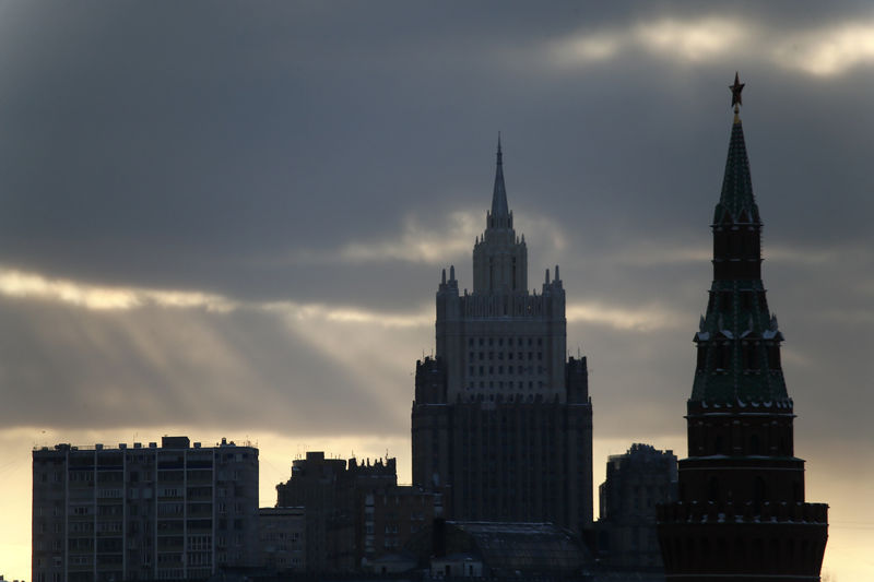 © Reuters. FILE PHOTO: A view shows a tower of the Kremlin and the Foreign Ministry headquarters in Moscow