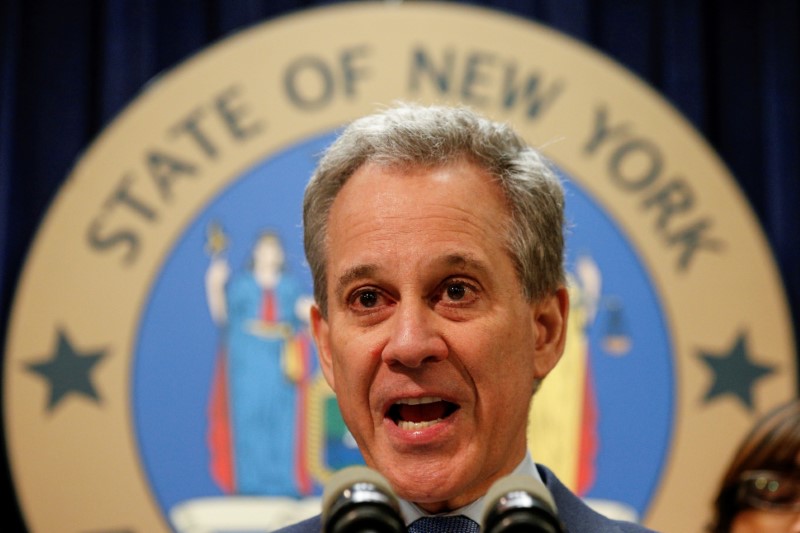 © Reuters. FILE PHOTO: New York Attorney General Eric Schneiderman speaks during a news conference to discuss the civil rights lawsuit filed against The Weinstein Companies and Harvey Weinstein in New York