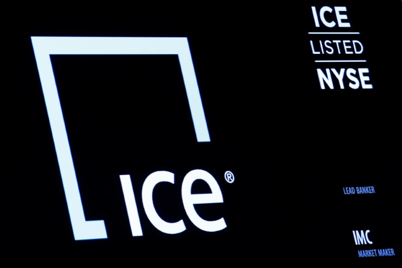 © Reuters. FILE PHOTO - A screen displays the logo and ticker symbol for Intercontinental Exchange, Inc. on the floor of the NYSE