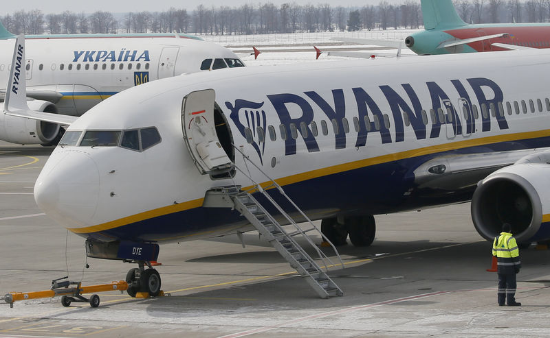 © Reuters. FILE PHOTO: A Ryanair Boeing 737 aircraft is parked at Boryspil International Airport outside Kiev