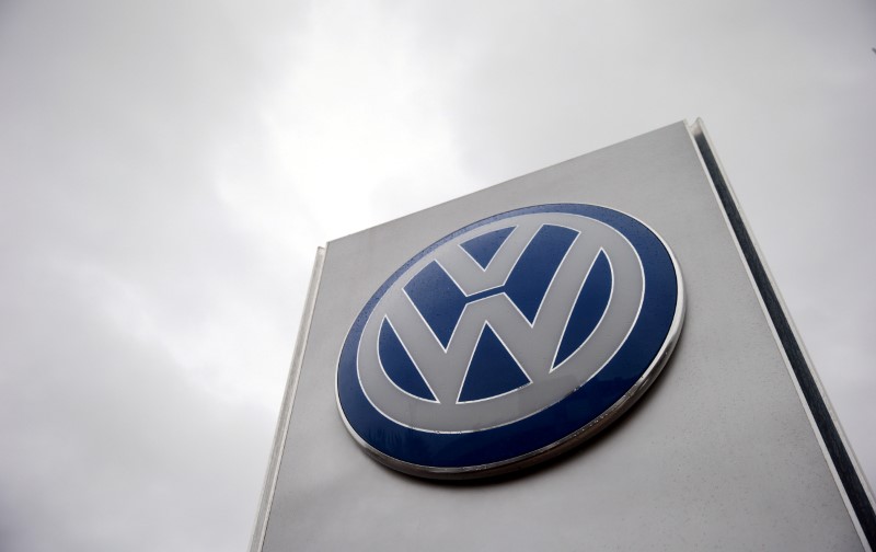 © Reuters. FILE PHOTO: VW sign outside a Volkswagen dealership in London