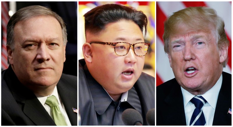 © Reuters. Montagem de fotos do diretor da CIA, Mike Pompeo, do líder norte-coreano, Kim Jong Un, e do presidente dos Estados Unidos, Donald Trump