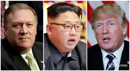 © Reuters. Il direttore della Cia Mike Pompeo (a sinistra), il leader nordcoreano Kim Jong Un (al centro) e il presidente Usa Donald Trump
