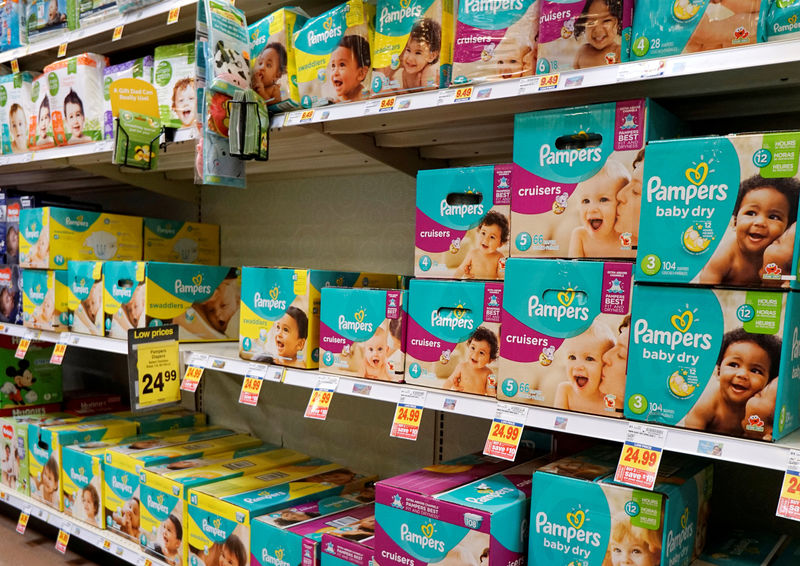 © Reuters. FILE PHOTO: A display of Pampers diapers are seen on sale in Denver, Colorado
