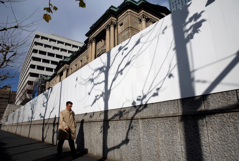 © Reuters. FILE PHOTO - Man walks past the Bank of Japan building in Tokyo