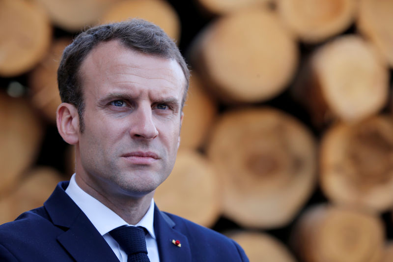 © Reuters. French President Emmanuel Macron visits the Germain-Mougenot sawmill during a day-trip about the wood industry in Saulxures-sur-Moselotte