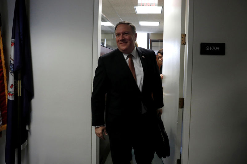 © Reuters. CIA Director Mike Pompeo, President Donald Trump's nominee to be Secretary of State, leaves a meeting with Sen. Mark Warner (D-VA) on Capitol Hill in Washington