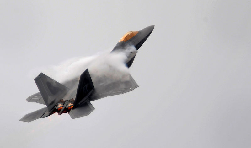 © Reuters. FILE PHOTO: An F-22 Raptor aircraft flies during an air display at the Farnborough International Airshow in south England