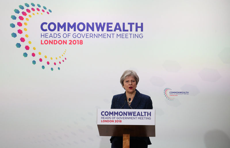 © Reuters. Britain's Prime Minister Theresa May speaks at a news conference to mark the end of the Commonwealth Heads of Government Meeting at Marlborough House in London