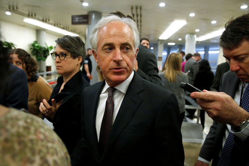 © Reuters. Senator Bob Corker (R-TN) speaks to reporters as he arrives for the weekly Senate Republican policy luncheon in Washington