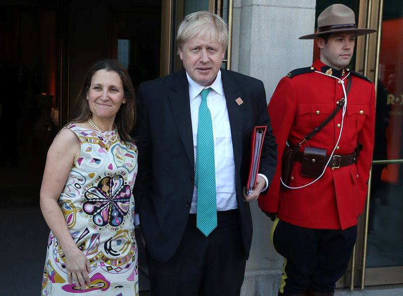 © Reuters. Canada's Minister of Foreign Affairs Freeland is joined by Britain's Foreign Secretary Johnson prior to a reception in Toronto