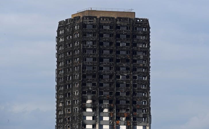 © Reuters. FILE PHOTO - The burnt out remains of the Grenfell apartment tower is seen in North Kensington, London, Britain