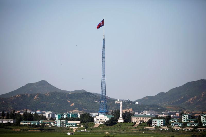 © Reuters. FILE PHOTO: A North Korean flag flutters on top of a tower at the propaganda village of Gijungdong in North Korea, in this picture taken near the truce village of Panmunjom