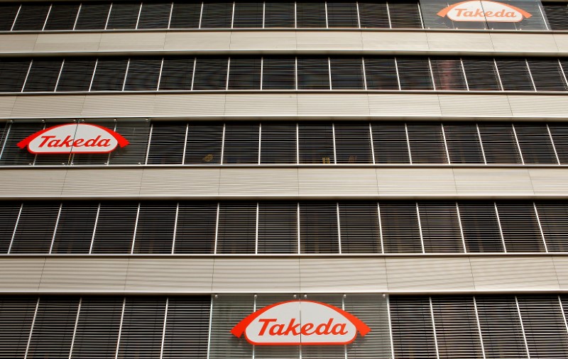 © Reuters. FILE PHOTO: Logos of Japanese Takeda Pharmaceutical Co are seen at an office building in Glattbrugg