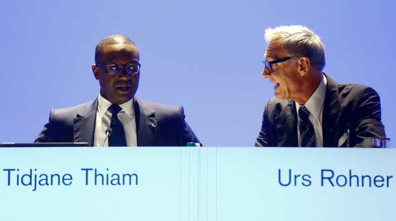 © Reuters. CEO Thiam and Chairman Rohner of Swiss bank Credit Suisse attend annual shareholder meeting in Zurich