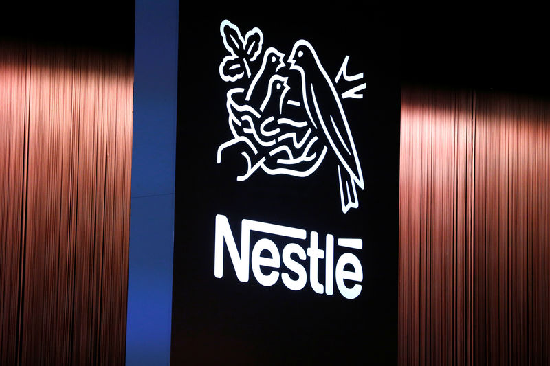© Reuters. The Nestle logo is seen during the opening of the 151st Annual General Meeting of Nestle in Lausanne