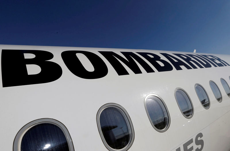 © Reuters. FILE PHOTO: A Bombardier CSeries aircraft is pictured during a news conference to announce a partnership between Airbus and Bombardier on the C Series aircraft programme, in Colomiers near Toulouse