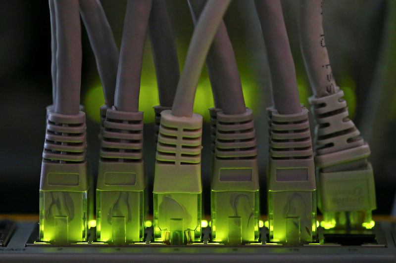 © Reuters. LAN network cables plugged into a Bitcoin mining computer server are pictured in Bitminer Factory in Florence