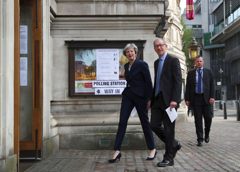 © Reuters. Premiê britânica, Theresa May, e o marido, Philip, chegam a local de votação em Londres