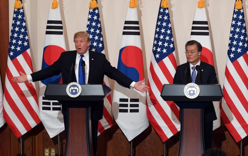 © Reuters. ترامب يجتمع مع رئيس كوريا الجنوبية في البيت الأبيض يوم 22 مايو