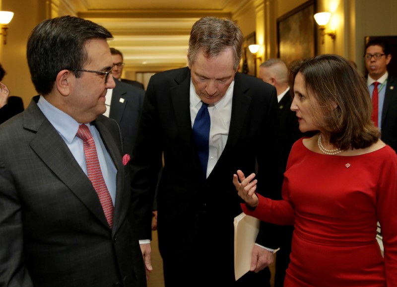 © Reuters. FILE PHOTO: Canadian Foreign Affairs Minister Chrystia Freeland talks to U.S. Trade Rep Robert Lighthizer and Mexican Secretary of Economy Ildefonso Guajardo Villarreal