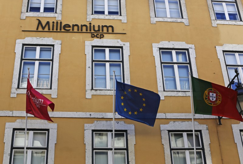© Reuters. The flags of Millennium bcp bank, the European Union and Portugal flutter at the bank's headquarters in Lisbon