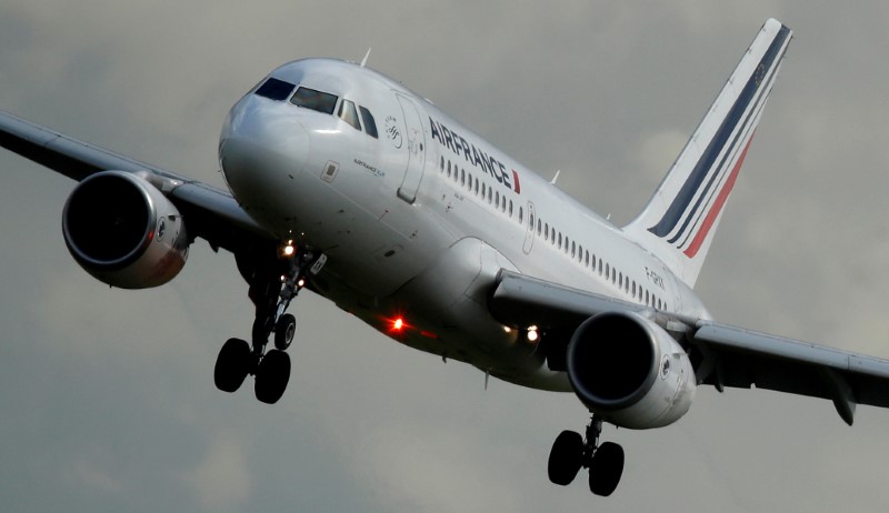 © Reuters. FILE PHOTO: An Air France Airbus A319-111 airplane prepares to land at the Charles de Gaulle Airport in Roissy