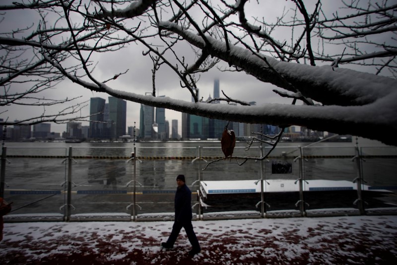 © Reuters. A man walks in front of Shanghai's financial district at the Bund promenade as snow falls in Shanghai,