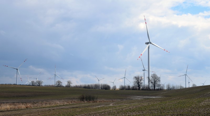 © Reuters. Wind farm is seen next to Leba