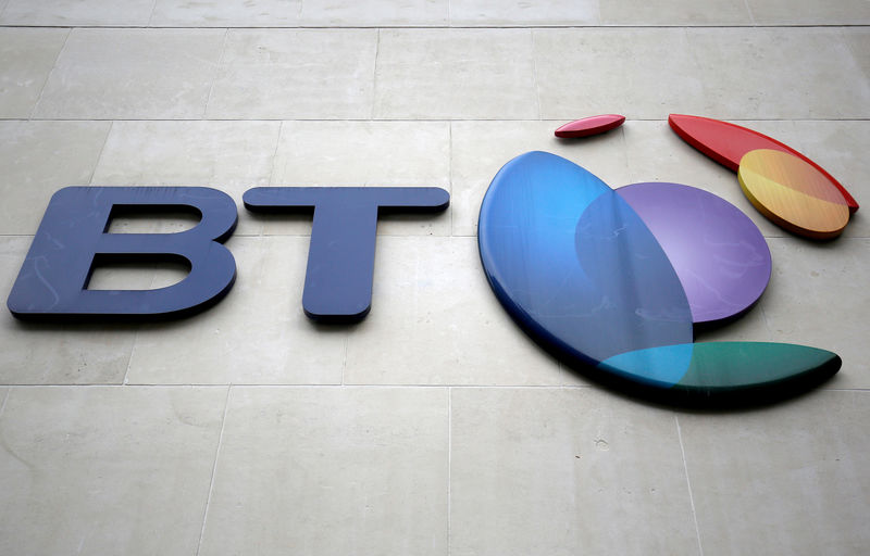 © Reuters. FILE PHOTO: A branded sign is displayed outside of a BT building in London