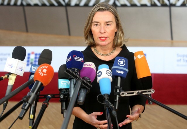 © Reuters. European Union foreign policy chief Mogherini arrives at an international conference on the future of Syria and the region, in Brussels