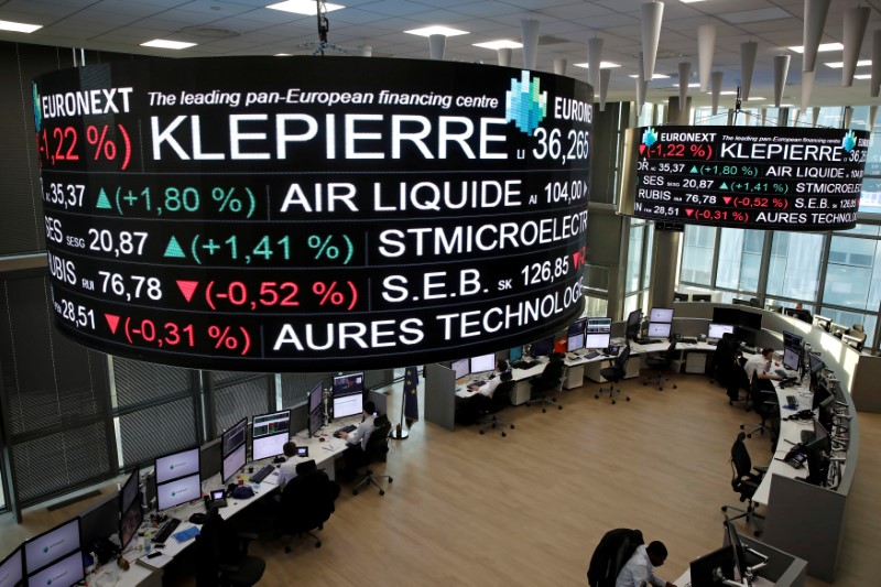 © Reuters. FILE PHOTO: Company stock price information, including Klepierre SA, is displayed on screens as they hang above the Paris stock exchange, operated by Euronext NV, in La Defense business district in Paris
