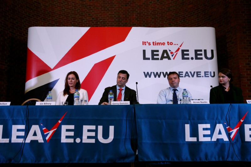 © Reuters. FILE PHOTO: Brittany Kaiser of Cambridge Analytica, Brexit campaigner Aaron Banks, Gerry Gunster, a Washington-based strategist hired by the Leave.EU campaign, and Liz Bilney, CE of Eldon Insurance Services during a Leave.EU news conference in central Lon