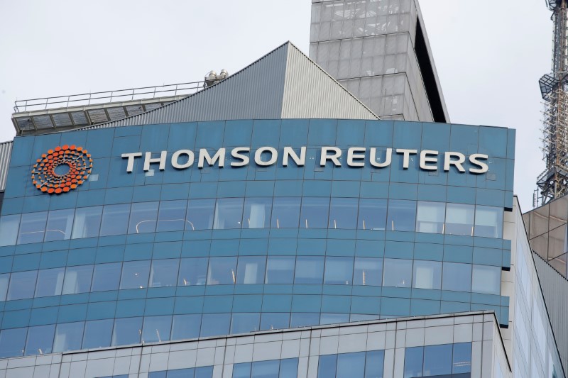 © Reuters. The Thomson Reuters logo is seen on the company building in Times Square, New York.