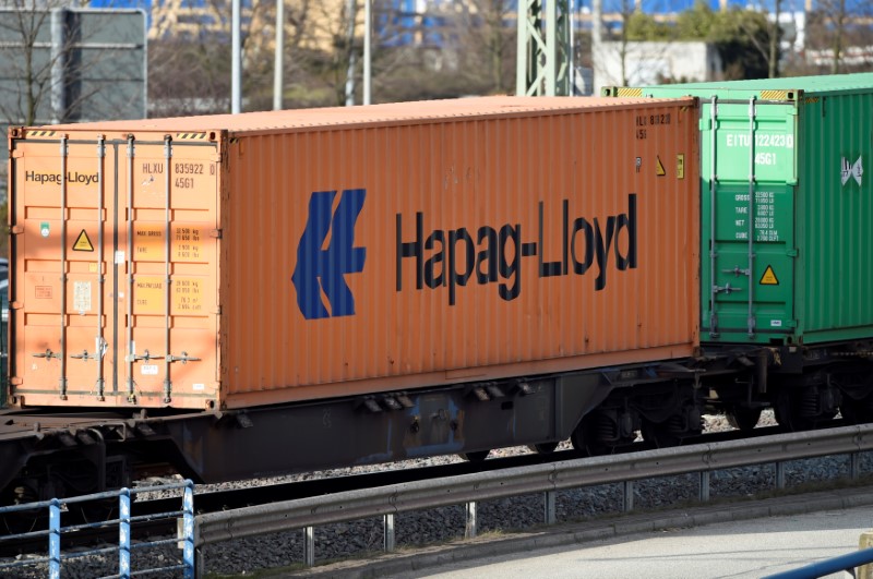 © Reuters. FILE PHOTO:  A Hapag Lloyd container is loaded on a train at a shipping terminal in the harbour of Hamburg