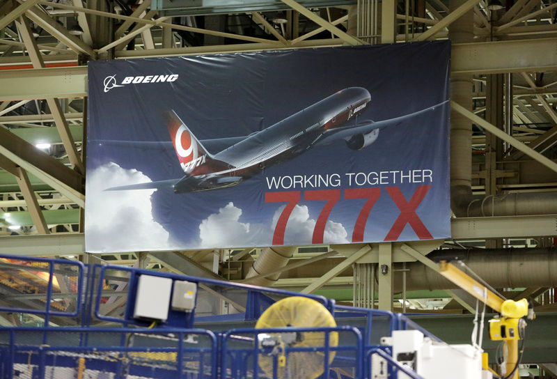 © Reuters. FILE PHOTO: A 777X banner is pictured above the 777 Wing Horizontal Build Line at Boeing's production facility in Everett, Washington