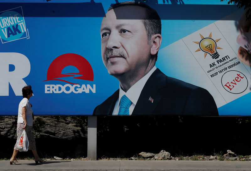 © Reuters. A woman walks past an election poster for Turkey's President Tayyip Erdogan in Istanbul