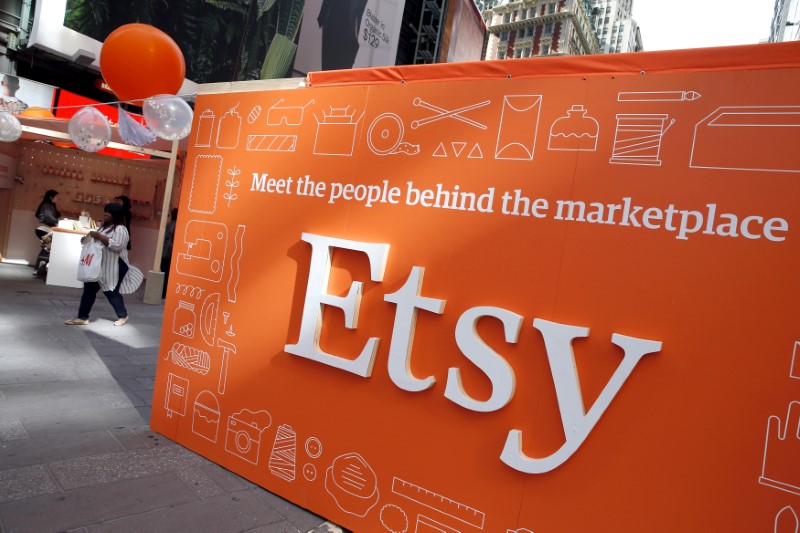 © Reuters. FILE PHOTO - A sign advertising the online seller Etsy Inc. is seen outside the Nasdaq market site in Times Square following Etsy's IPO in New York