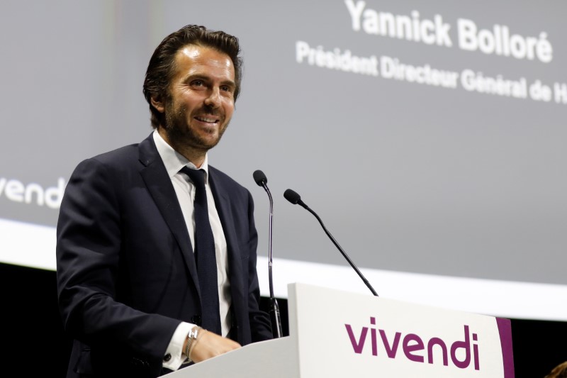 © Reuters. FILE PHOTO:  Yannick Bollore, Chairman and CEO of Havas Group, speaks at the media group Vivendi company's shareholders meeting in Paris