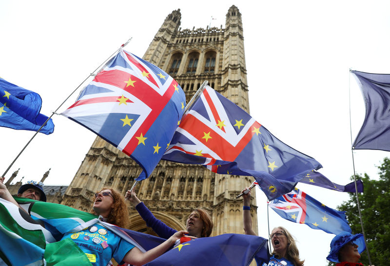 © Reuters. Anti-Brexit demonstrators wave Union and EU flags opposite the Houses of Parliament in London