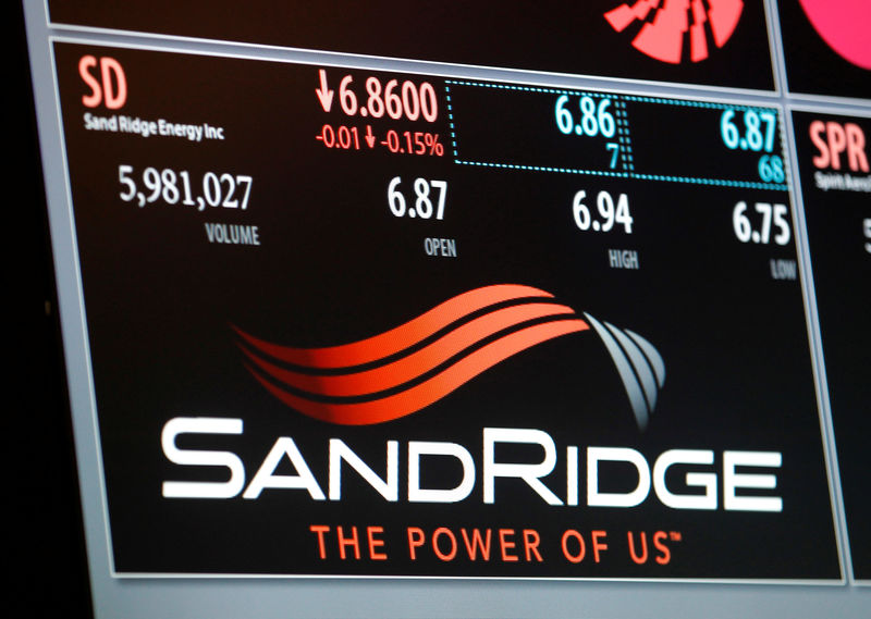 © Reuters. FILE PHOTO: An electronic display identifies the post that trades SandRidge Energy stock on the floor of the New York Stock Exchange
