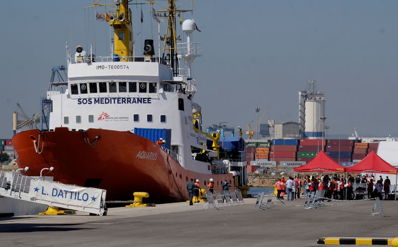 © Reuters. El barco de rescate "Aquarius" llega al puerto de Valencia