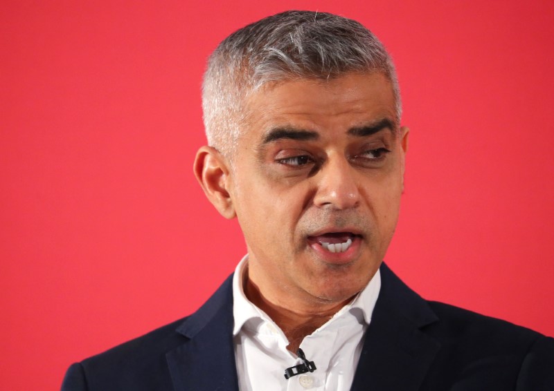 © Reuters. Sadiq Khan, London's Mayor, speaks at the launch of the Labour Party's local election campaign, in London