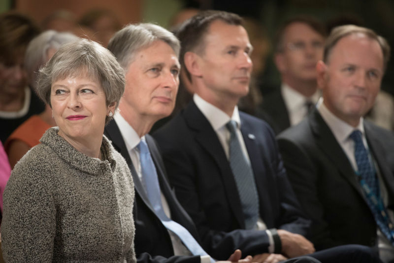 © Reuters. Britain's Prime Minister Theresa May sits next to Chancellor of the Ecxhequer Philip Hammond, Health Secretary Jeremy Hunt and NHS Chief Executive Simon Steven during an event at the Royal Free Hospital, London