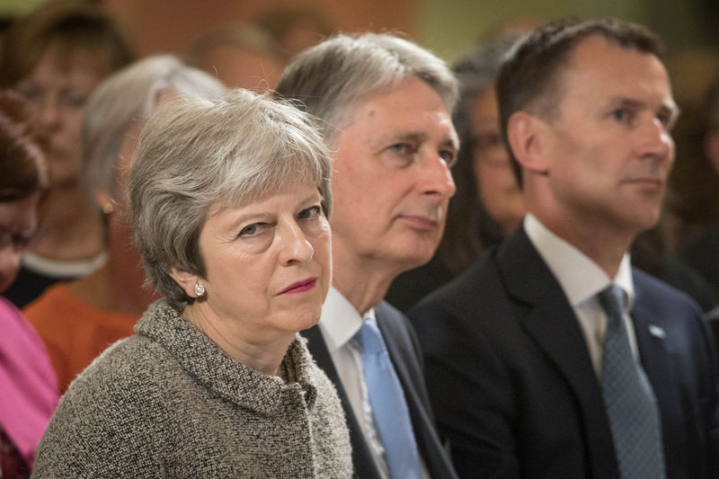 © Reuters. Britain's Prime Minister Theresa May sits next to Chancellor of the Ecxhequer Philip Hammond, and Health Secretary Jeremy Hunt during an event at the Royal Free Hospital, London